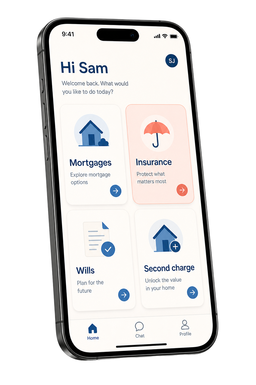 Mortie app main menu with mortgages, insurance, wills and second charge journeys
